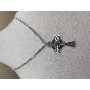 Celtic Silver Cross Pendant Necklace with Blue Center Set